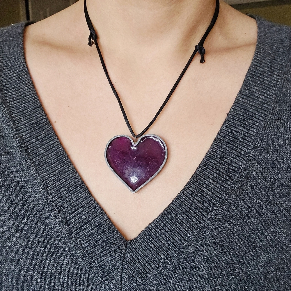 Vintage Burgundy Wine Stained Heart Cord Necklace
